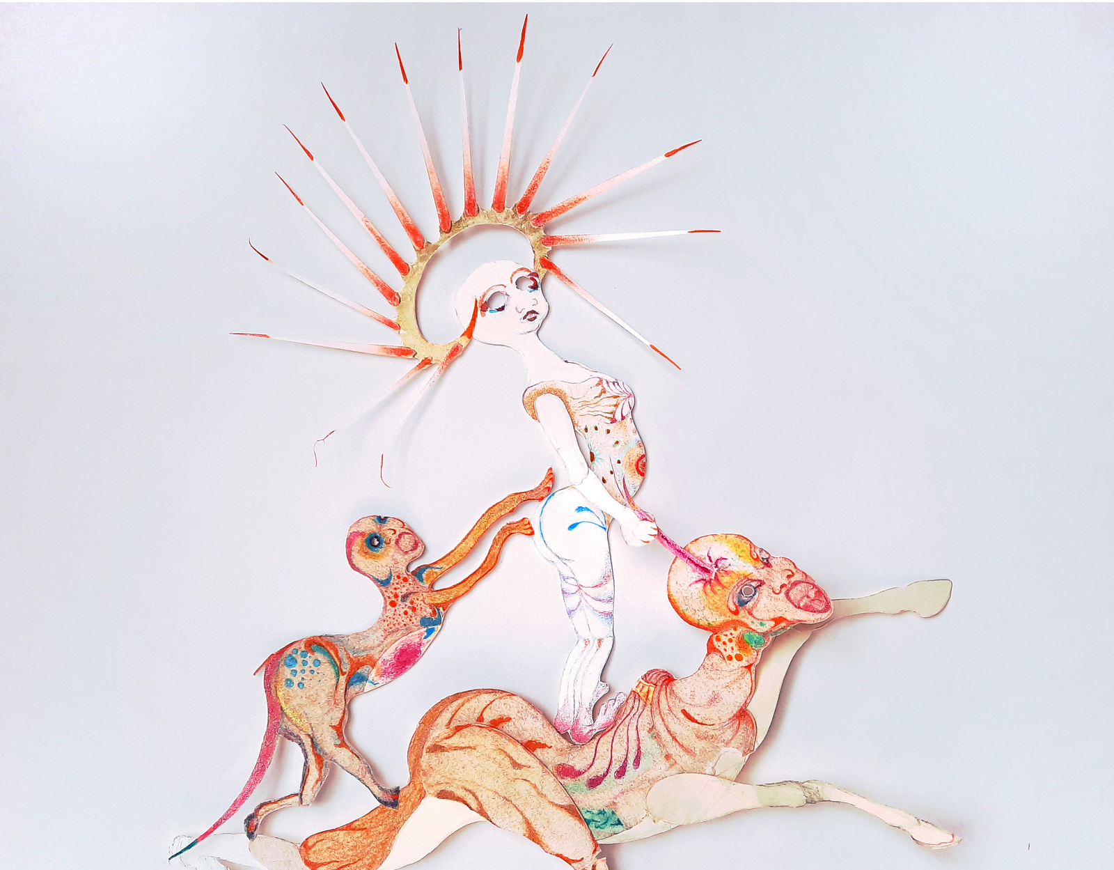 Intricate paper collage by Nathalie Sook, with fantastical figures and a radiant crown